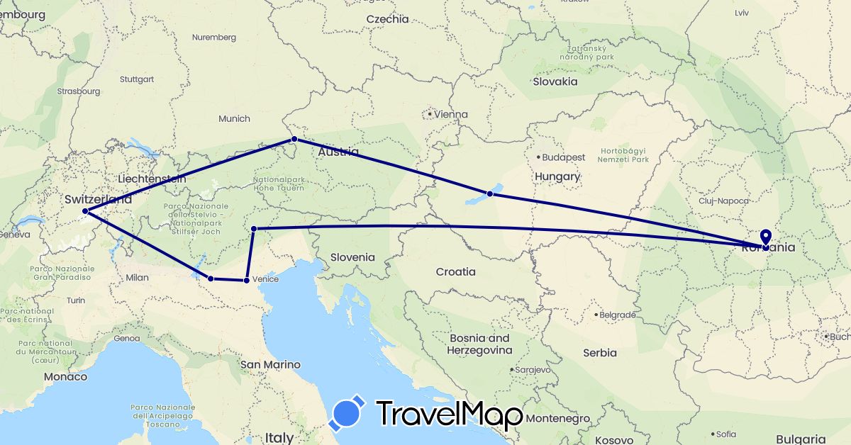 TravelMap itinerary: driving in Austria, Switzerland, Hungary, Italy, Romania (Europe)